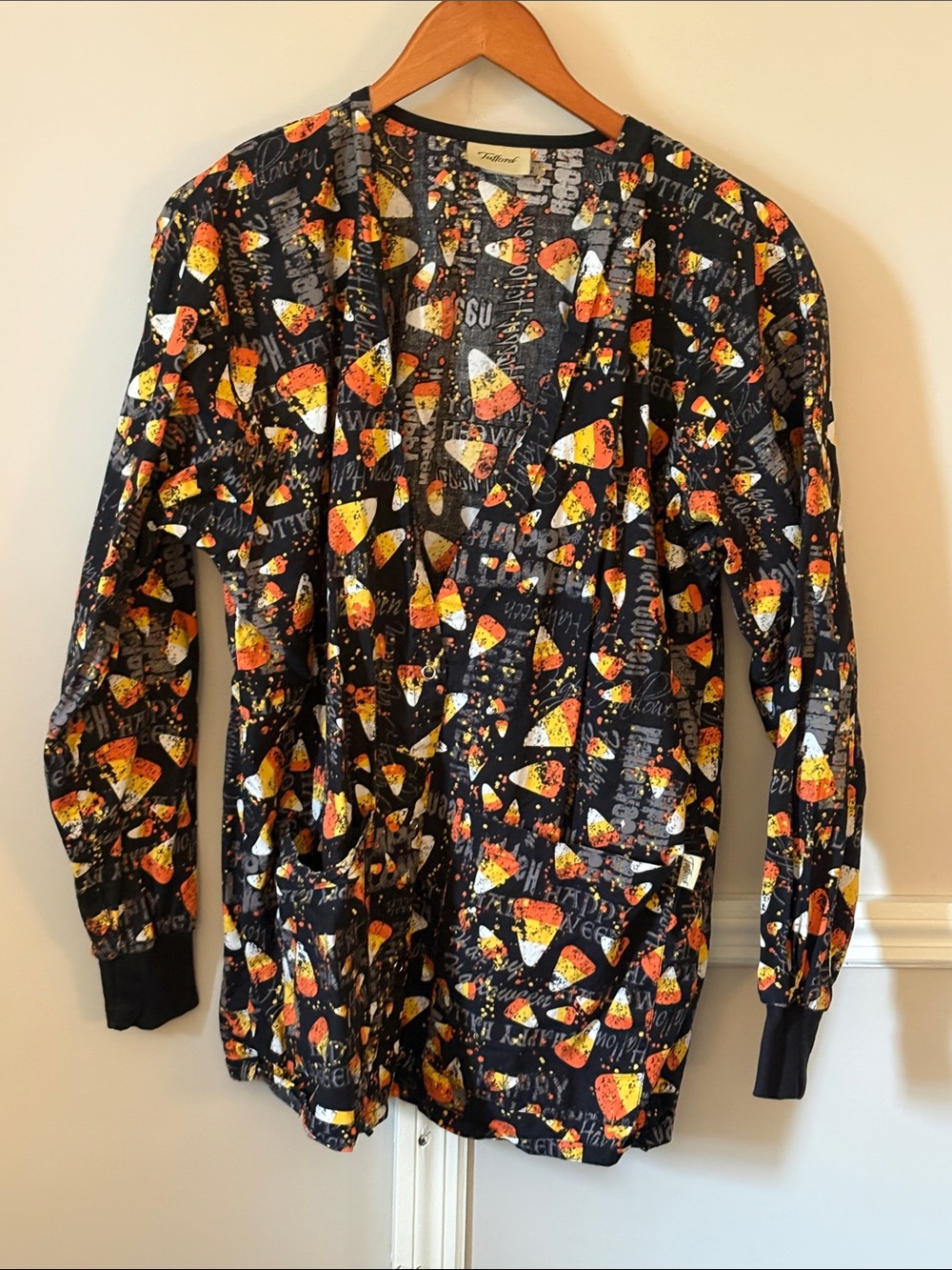Tafford Black Uniform Scrub Jacket with Orange, Yellow & White Candy Corn Motif